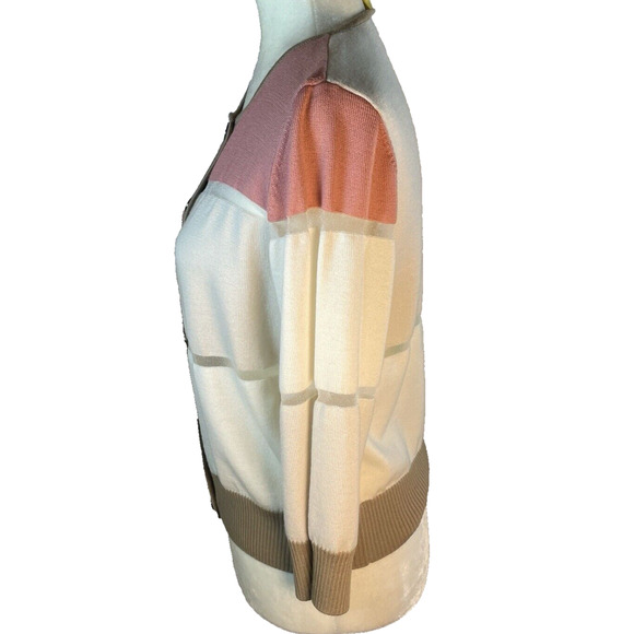 ST JOHN Womens Small Cardigan Tan Pink Color Block Stripe Lightweight Wool Blend - Picture 2 of 12